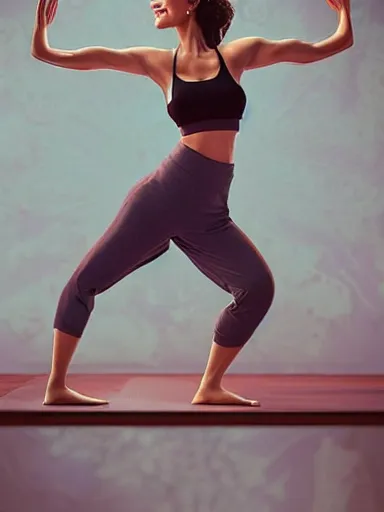 Prompt: a beautiful happy woman doing yoga at the gym. smiling popular girl. intricate, elegant, highly detailed, digital painting, artstation, cinematic shot, concept art, sharp focus, illustration, by justin gerard and artgerm 8 k