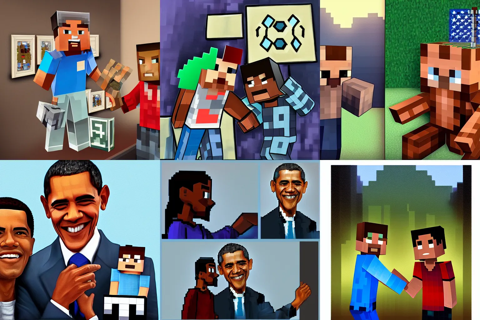 Image similar to Minecraft Steve meets Barack Obama, digital art, trending on artstation, oil painting
