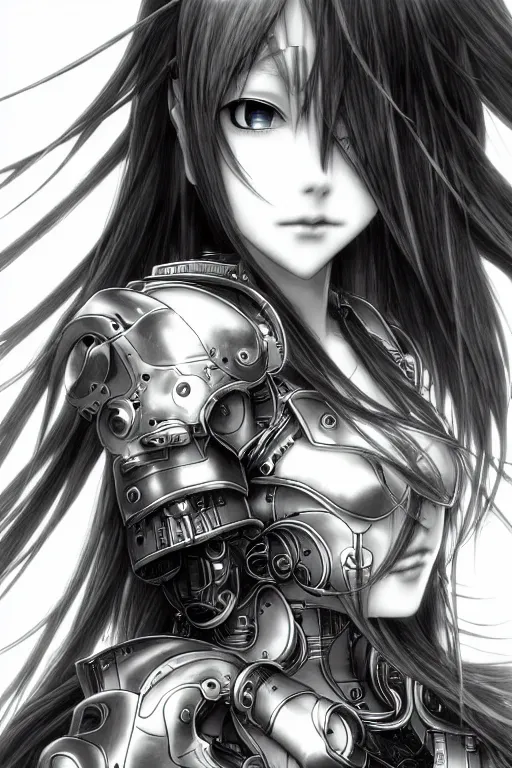 Image similar to a vertical portrait of a character in a scenic environment by Yoshitaka Amano, black and white, dreamy, cybernetic armor, wavy long black hair, highly detailed