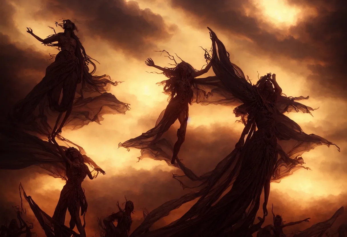 Prompt: dark burning sky with suffering shadows of dead humans with arms outstretched towards the sky,, fantasy, intricate, elegant, highly detailed, digital painting, artstation, concept art, smooth, sharp focus, octane render, dramatic lighting, volumetric lighting, cinematic lighting, art by artgerm and greg rutkowski and alphonse mucha and wlop