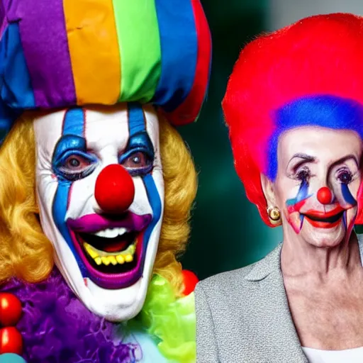 Image similar to Nancy Pelosi as a clown with a clown wig, clown nose and clown makeup whiteface, highly-detailed realistic