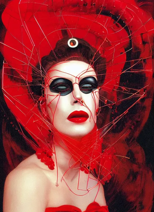 Image similar to an 8 0 s portrait of a woman with dark eye - shadow and red lips with dark slicked back hair, a mask made of wire and beads, dreaming acid - fueled hallucinations by serge lutens, rolf armstrong, delphin enjolras, peter elson, red cloth background