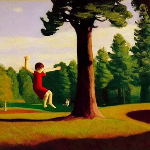 Prompt: Children bouncing high on a giant red mushroom in a mystical forest, painting by Edward Hopper