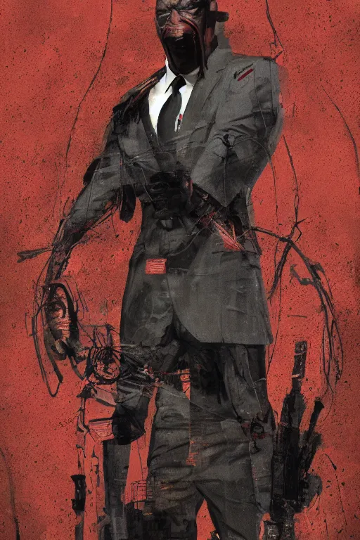 Image similar to an intricate and expressive full body portrait of agent 4 7 from hitman in a research lab full of clones, dark background, red rim light, highly detailed, digital art, artstation, concept art by giger stalenhag