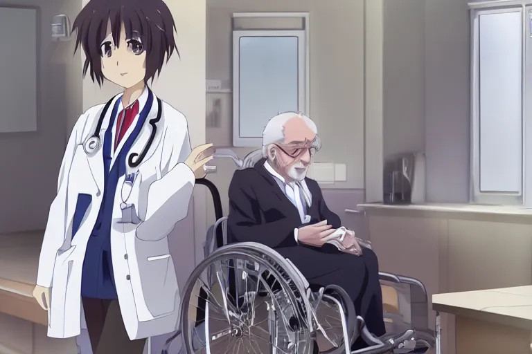 Image similar to a cute young female doctor wearing white coat, an old man of 80 years in a wheelchair, hospital ward, slice of life anime, cinematic, realistic, anime scenery by Makoto shinkai