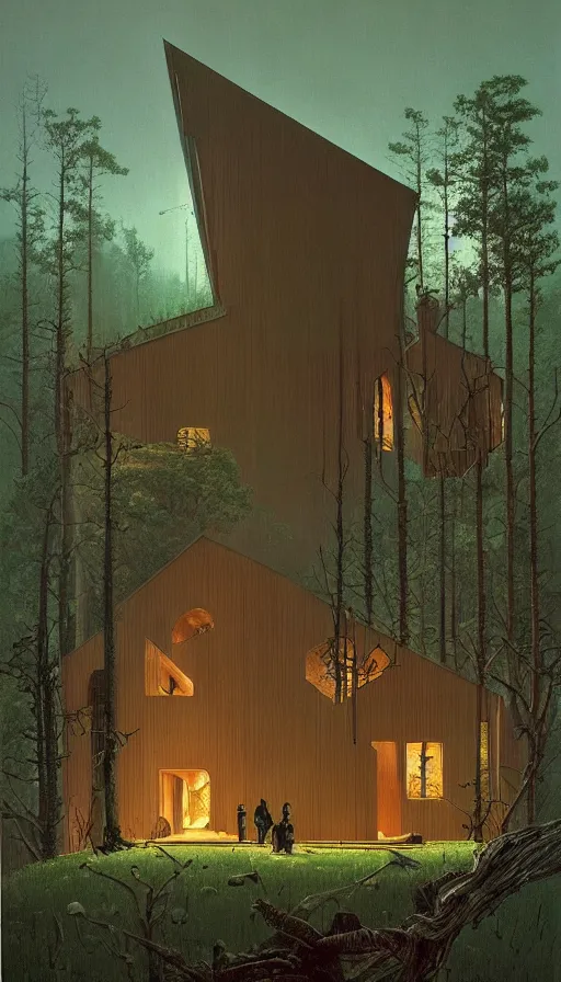 Image similar to cozy ultra modern home in the woods moody lighting, highly detailed, painting by zdzisław beksinski and norman rockwell and greg rutkowskiweta studio, and lucasfilm