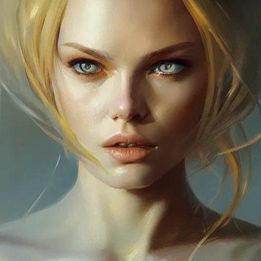 Image similar to A head-on detailed oil portrait of a beautiful woman with pale blue eyes and long yellow hair by greg rutkowski and artgerm, trending on artstation