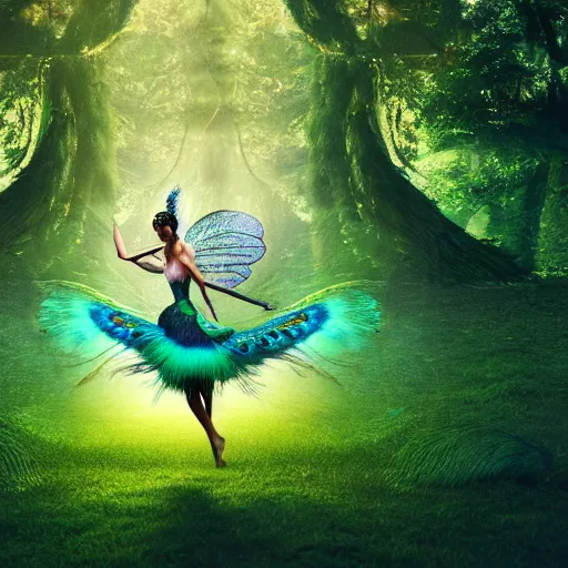 Prompt: peacock fairy dancing in a lush green forest, cinematic lights, octane render, high detail, trending on artstation