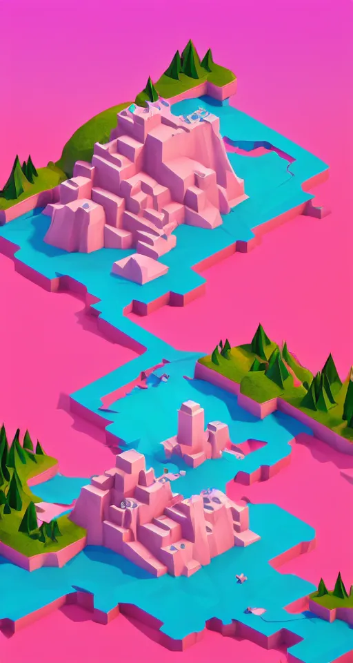 Image similar to matte 3d low poly cherry blossom island, pink waterfalls, isometric perspective on sky background, soft shadows, lat lighting, trending on artstation, 3d render, monument valley, fez video game,