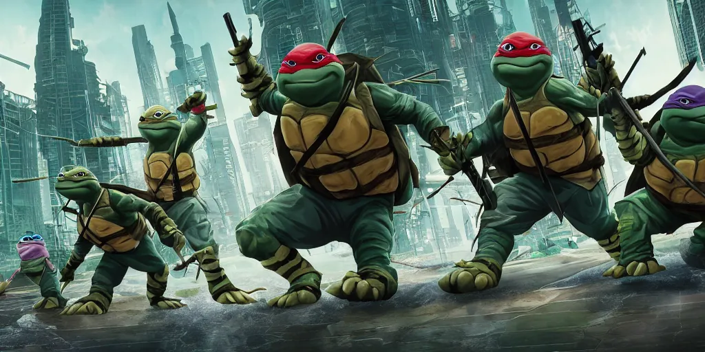 Prompt: ninja turtles escape and two military ( american uniform ) ran to sound the alarm and all the turtles began to descend the water slides, style cyberpunk, anime fight, 4 k,