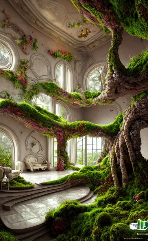 Image similar to highly detailed villa natural beautiful light interior soft cinematic composition of a smooth ceramic porcelain biomorphic magnolia stone nebula fluid sci - fi surreal colorful architecture landscape, furniture, granite, trees, marble, moss, lichen, fungi, vincent callebaut composition, mamou - mani, archviz, 8 k, unreal engine, hdr