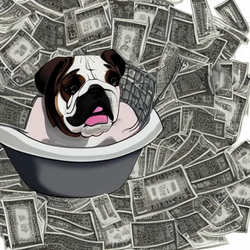 Prompt: english bulldog in bathtub with stacks of bills, artstation