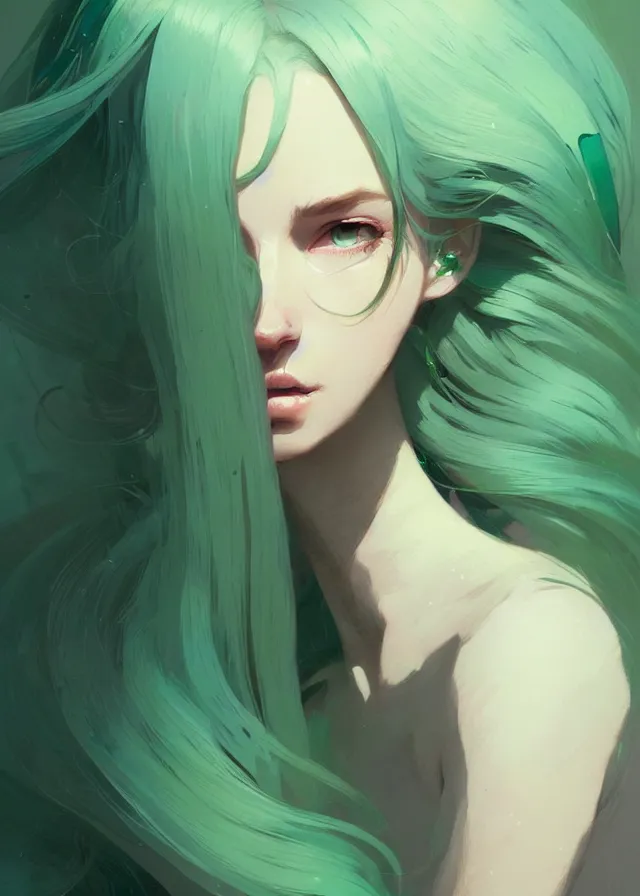 Prompt: beautiful artistic - wave highly detailed portrait female, front facing, long green hair, by atey ghailan, by greg rutkowski, by greg tocchini, by james gilleard, by joe fenton, by kaethe butcher, dynamic lighting, gradient light blue, brown, blonde cream and white color scheme, grunge aesthetic