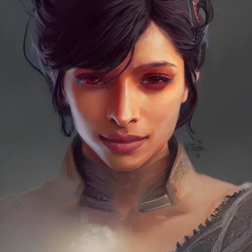 Image similar to darth alphinaud leveilleur, freida pinto, art by artgerm and greg rutkowski and magali villeneuve, portrait, highly detailed, headshot, intricate, elegant, digital painting, trending on artstation, concept art, sharp focus, illustration