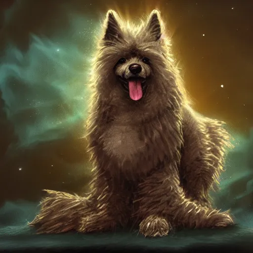 Image similar to fluffy dog, full body, alexander hamilton style, wearing a beautiful costume on stage, a dark nebula background, concept art, highly detailed, digital art, trending on art station, mark brooks, 3 - d 4 k