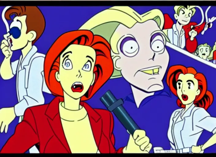 Image similar to dana scully on the real ghostbusters, animation cel, anime, sharp detail, animation cel, thin linework, in the style of don bluth, bruce timm, stephen silver, studio trigger