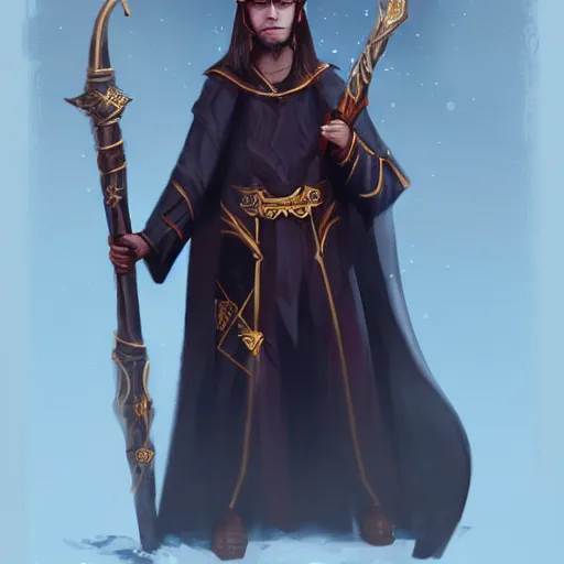 Prompt: A portrait of a young wizard wearing magic eyeglasses, in dark robes with gold accents, carrying a magical staff, surrounded my magic, artstation