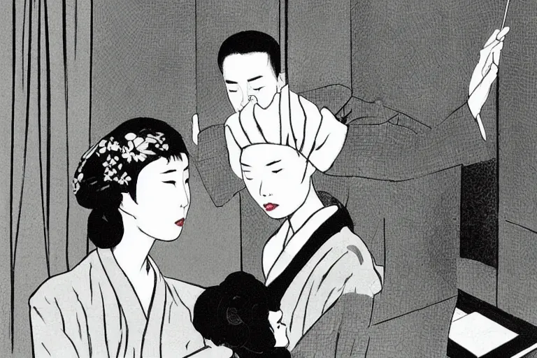 Image similar to a haruki suetsugu illustration of a scene from in the mood for love ( 2 0 0 0 )