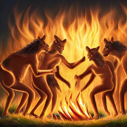 Image similar to Native american dancing around a fire with wolves, hd, intricate, 8k, digital art