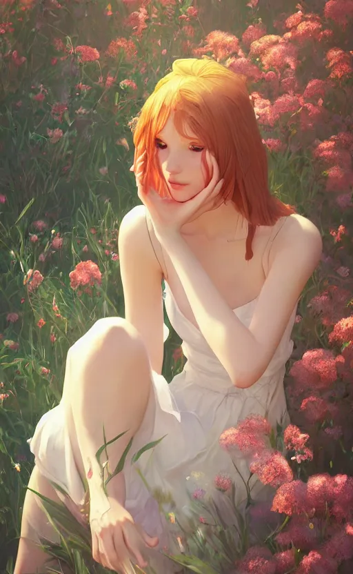 Image similar to southern ginger woman in a cream dress, freckled, sitting among flowers, airbrushed, hazy, gentle, soft lighting, wojtek fus, by makoto shinkai and ilya kuvshinov,