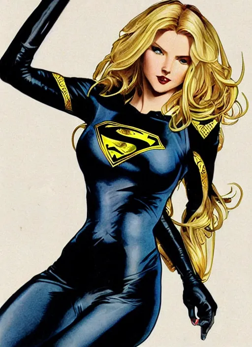 Image similar to slim young april with a mischievous face and long blonde wavy hair dressed as a superhero in her early twenties, her arms are tucked behind her back, black canary, tight fit, curvaceous, leotard, intricate detailed face, high contrast, shiny, art by joshua middleton and greg rutkowski and alphonse mucha