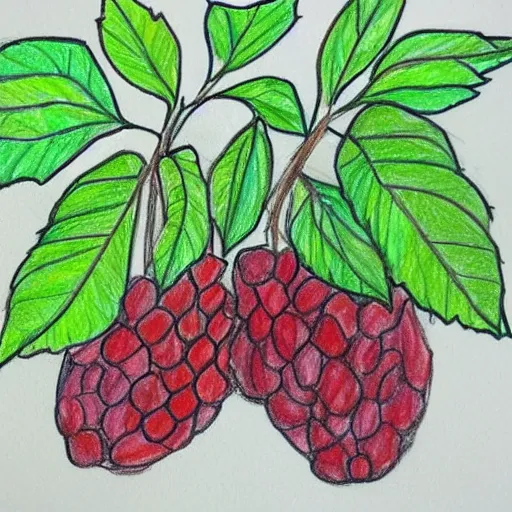 Image similar to children's drawing of a blackberry plant, very poor quality, horrible color palette