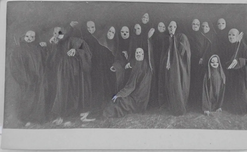 Image similar to a old grainy 1 8 0 0 s black and white photo of a group of demonic cultists, wearing robes, summoning a demon, bones on the ground, grainy, fog, mist, cobweb, old photo, golden ratio, scary, horror photography, 5 0 mm lens, f 1. 8