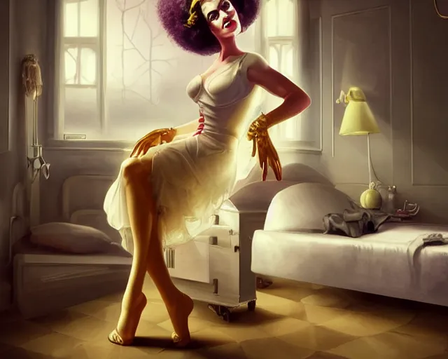 Prompt: phtorealistic modern pin up of the bride of frankenstein posing in a bed in the room of a sanatarium, full body, campy color scheme, realistic, center, smooth, golden ratio, detailed, aly fell, daniela uhlig