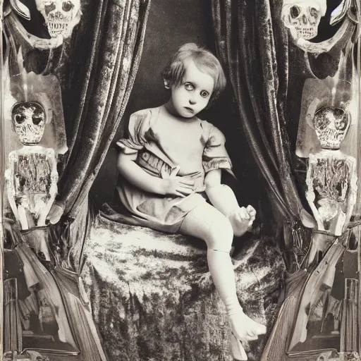 Prompt: a photo of young sad victorian gothic child with big eyes and wide grin sitting on a sofa of bones surrounded by a cyber futuristic cityscape made of human body parts, lighting, 5 0 mm, award winning photography