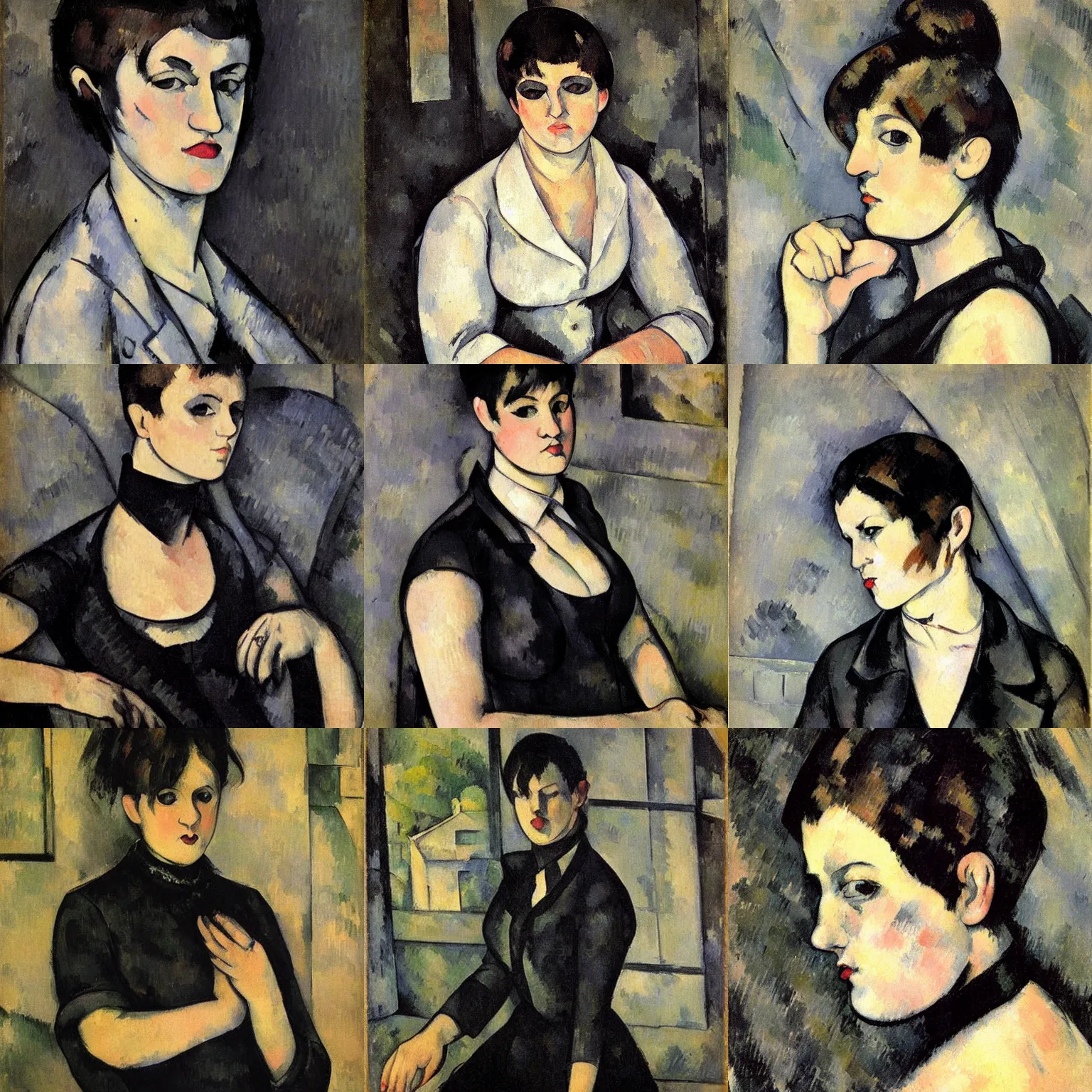 Prompt: A goth portrait painted by Paul Cezanne. Her hair is dark brown and cut into a short, messy pixie cut. She has a slightly rounded face, with a pointed chin, large entirely-black eyes, and a small nose. She is wearing a black tank top, a black leather jacket, a black knee-length skirt, a black choker, and black leather boots.