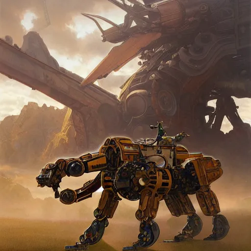 Image similar to epic painting of a realistic four - legged intricate battle robot, rule of thirds, golden ratio, subject in center of frame, trending on artstation, detailed science fiction matte painting by artgerm and greg rutkowski and alphonse mucha,