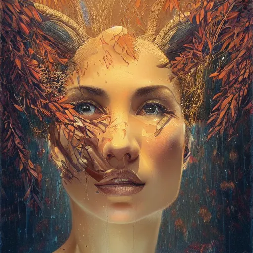 Image similar to a dramatic portrait of a woman showing affection to deer, cinematic lighting, symmetric face by karol bak, christopher balaskas