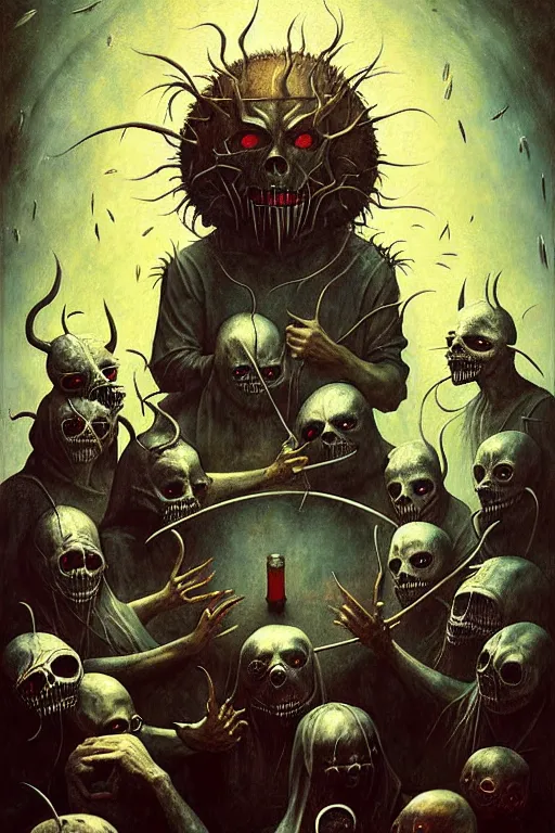 Image similar to hieronymus bosch, greg rutkowski, anna podedworna, painting of slipknot the band