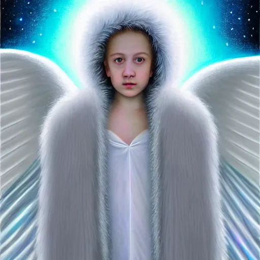 Image similar to beautiful high details hyper realistic painting of white angel in the hood coming from space with giant ball of miracle light from the chest!!!!!, 4 k hd face!!!, big fur silver holographic wings, by jan van eyck, holography space, white sparkles everywhere, thin strokes, high textures, silver background