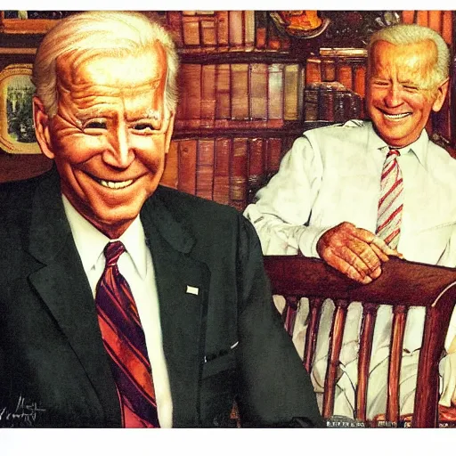 Image similar to a medium close up portrait painting by Norman Rockwell of Joe Biden sitting in a chair. Cozy fire. legs crossed