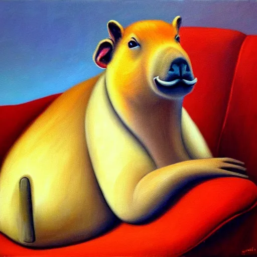 Image similar to capybara relaxing on couch | style salvadore dali | oil painting | featured artstation | impressionist