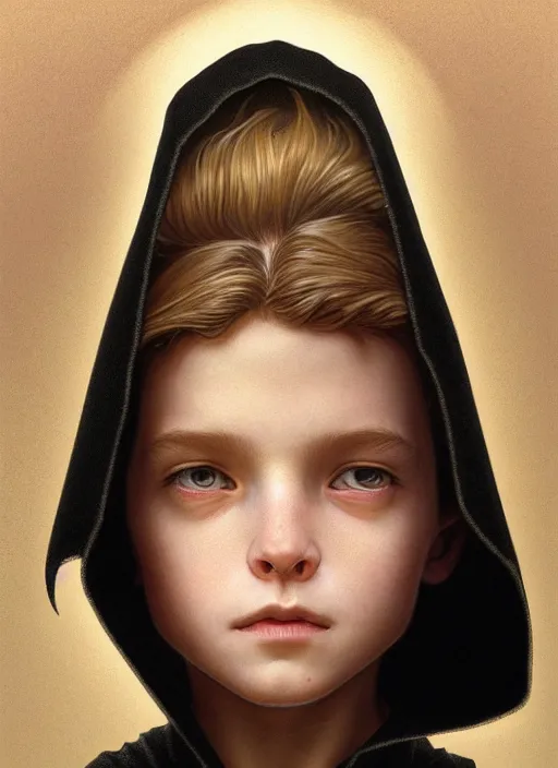 Image similar to perfectly - centered - portrait of a kid wearing black cloak holding light saber, intricate, highly detailed, digital painting, artstation, concept art, smooth, sharp focus, illustration, unreal engine 5, 8 k, art by artgerm and greg rutkowski and alphonse mucha and sam spratt