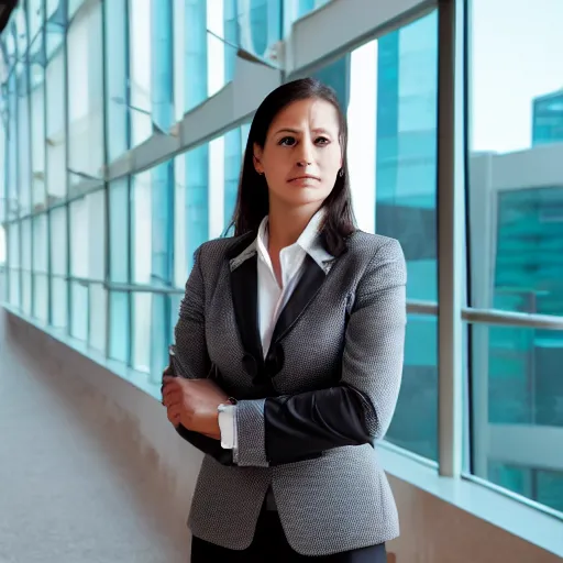 Image similar to amazonian woman in business attire, closeup, stoic, realistic, high resolution, in office building