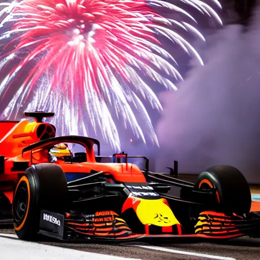 Prompt: close up portrait of max verstappen getting out of a mercedes f 1 car, dramatic shot, great photography, ambient light, night time, fireworks in the background