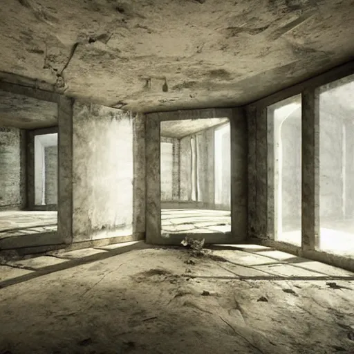 Image similar to a mirror room, full of mirrors, dark, inside abandoned house, 3d render, dynamic light, unreal engine, beautiful Concept art