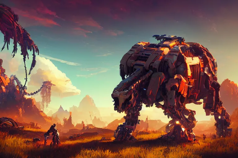 Image similar to behemoth machine mecanical creature robot of horizon forbidden west horizon zero dawn radiating a glowing aura global illumination ray tracing hdr fanart arstation by ian pesty and alena aenami artworks in 4 k