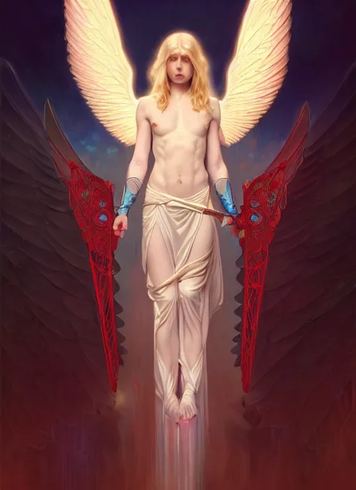 Image similar to the pale blond male angel of battle lucius smirking, sci fi, glowing eyes, volumetric lights, red and cyan theme, art nouveau botanicals, intricate, highly detailed, digital painting, artstation, concept art, smooth, sharp focus, cinematic, illustration, beautiful face, art by artgerm and greg rutkowski and alphonse mucha