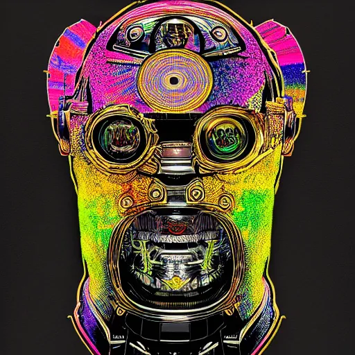 Image similar to mockup of a black tshirt with a hyperdetailed portrait of a steampunk robot on lsd, 8 k, symetrical, flourescent colors, happy trippy mood, multicolored,