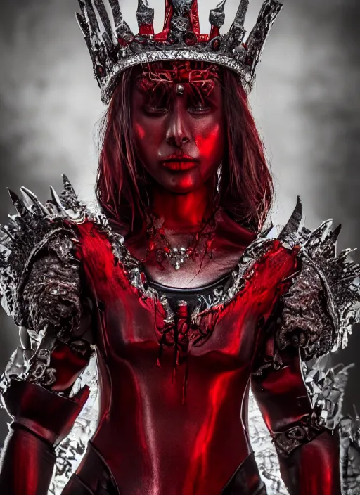 Image similar to the blood crown queen wear the scarlet armor, cinematic lighting, various refining methods, micro macro autofocus, ultra definition, award winning photo