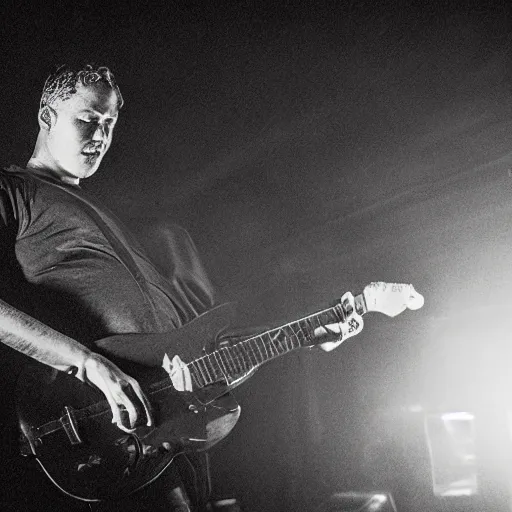 Prompt: Peperami man playing the guitar at a smokey nightclub grainy black and white photograph