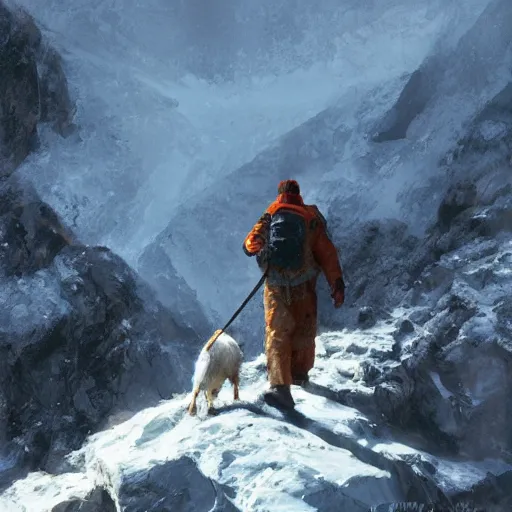 Prompt: a hiker man with a goat on top of a icy mountain, cinematic, painting by craig mullins