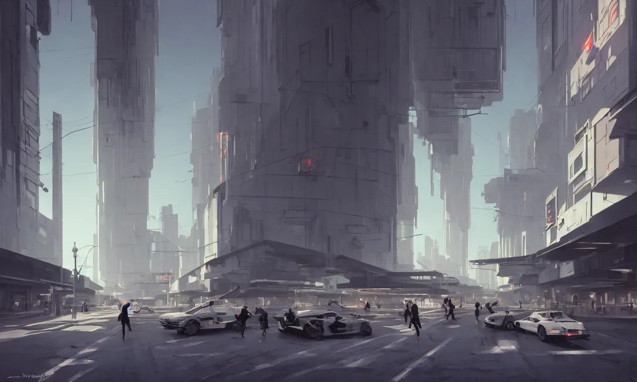 Image similar to simple streetscape, brutalist architecture, white neon lighting, flying vehicles, pedestrians walking, greg rutkowski, syd mead, ralph mcquarrie, concept art, matte painting, highly detailed, rule of thirds, dynamic lighting, cinematic, detailed, denoised, centered