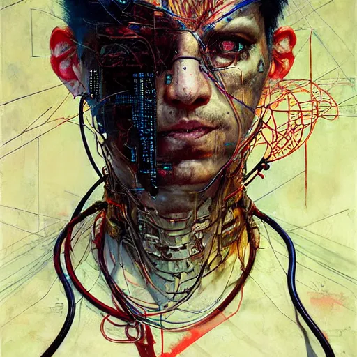 Image similar to male cyberpunk hacker dream thief mayan jaguar warrior, wires cybernetic implants, in the style of adrian ghenie, esao andrews, jenny saville, surrealism, dark art by james jean, takato yamamoto