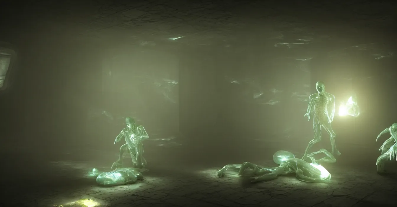 Prompt: translucent aliens in dark detail room with widows to space, are bending over the translucent coffin with dead alien, volumetric light, dark atmosphere, dramatic view, depth, defocus, strong ambient occlusion, raytracing, raymarching, from movie by ilm, digital domain, weta digital