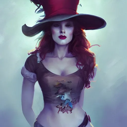 Image similar to realistic, full body portrait, attractive trashy female mad hatter, by Jordan Grimmer and greg rutkowski, crisp lines and color,